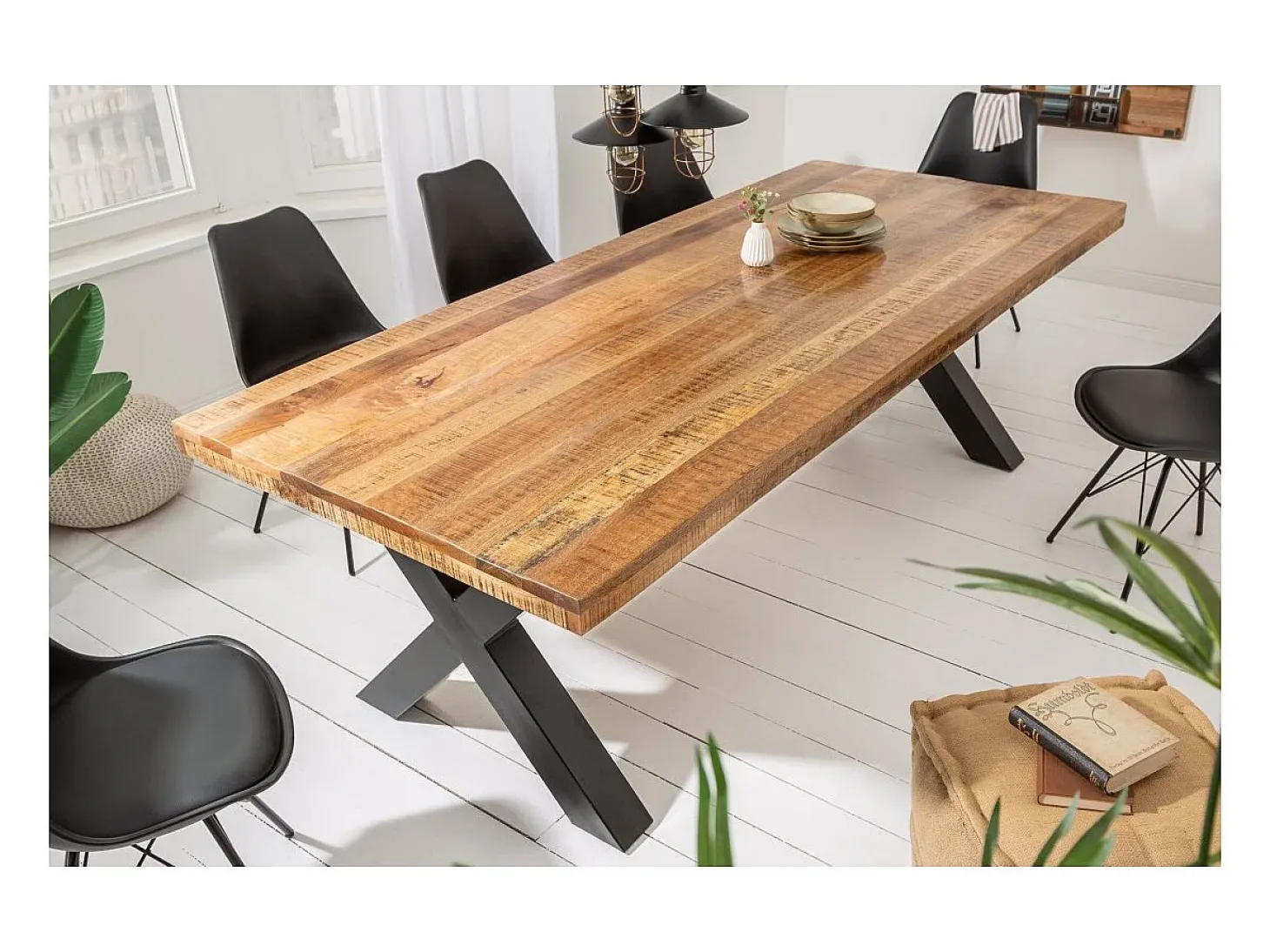 Mesa de comedor LODEN – Madera maciza de mango barnizada – 240 cm – Estilo industrial
