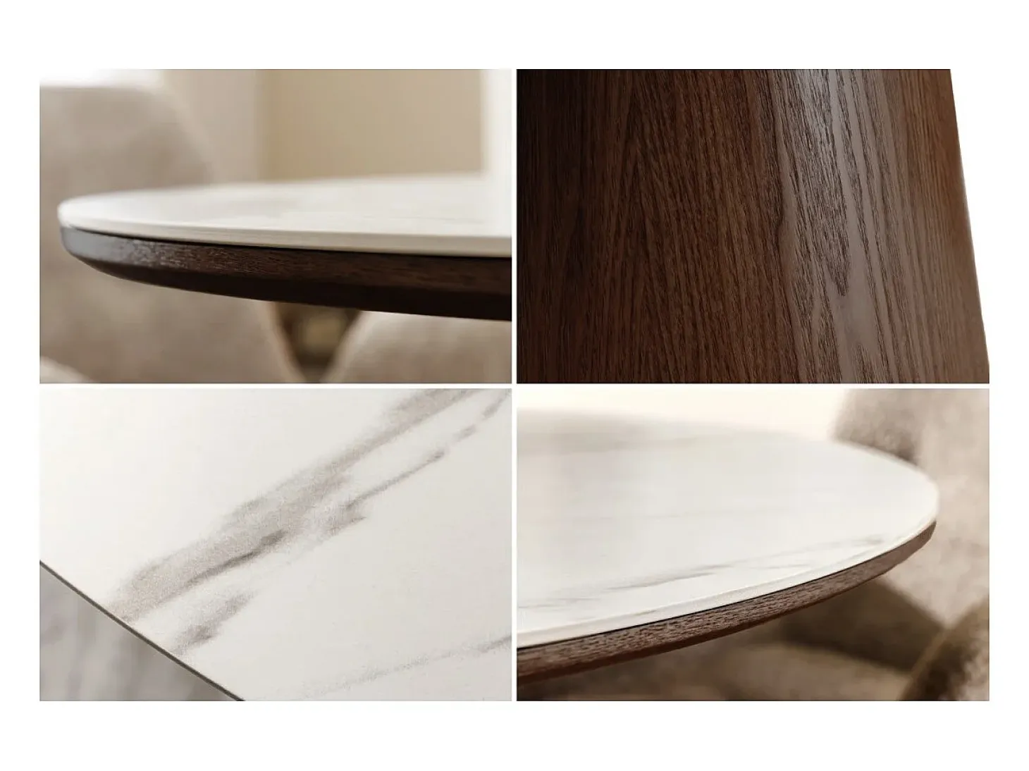Mesa de comedor LUMEA – Redonda 120 cm – Tablero de cerámica efecto mármol blanco – Pie de madera maciza – Estilo contemporáneo