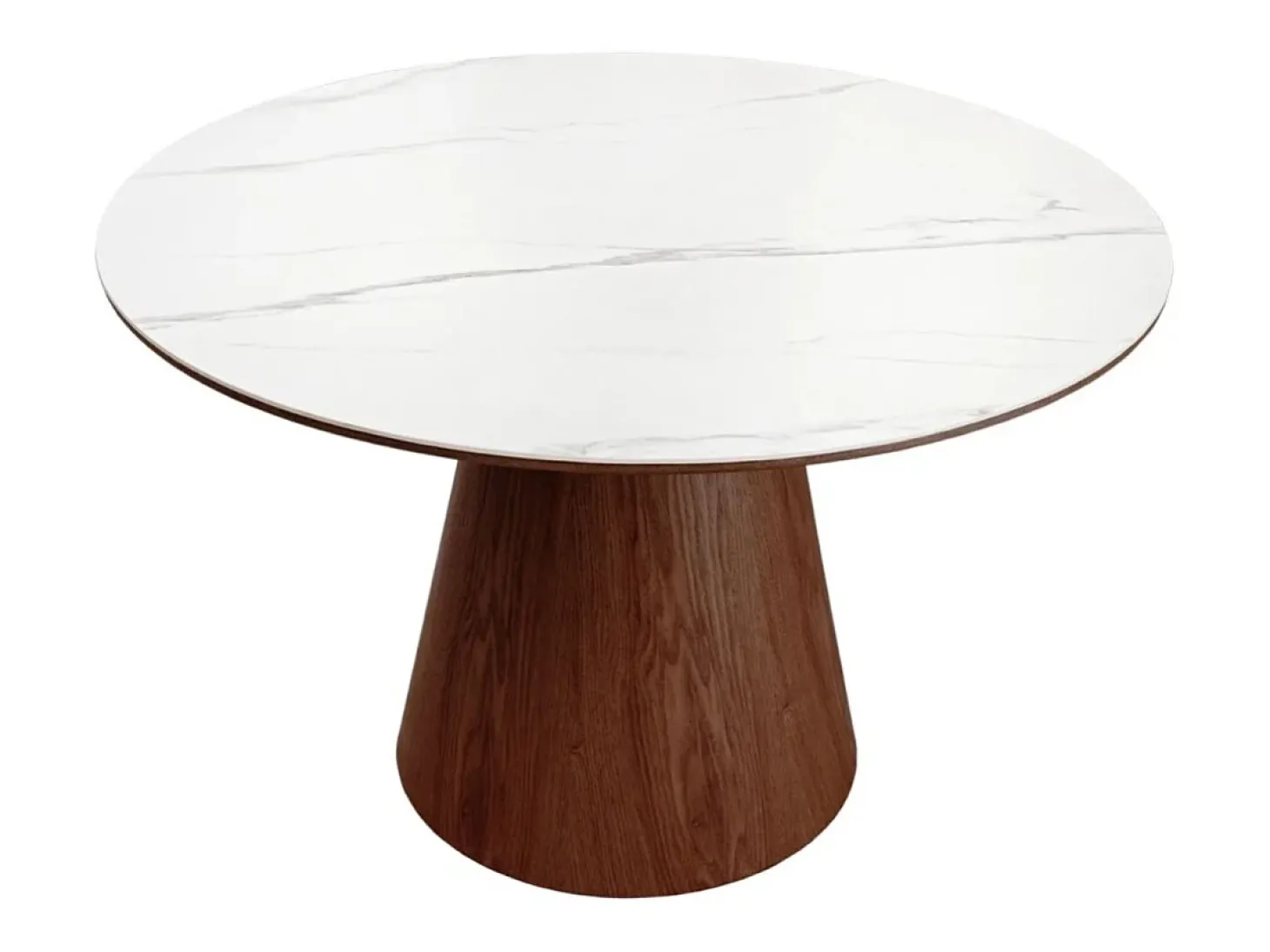 Mesa de comedor LUMEA – Redonda 120 cm – Tablero de cerámica efecto mármol blanco – Pie de madera maciza – Estilo contemporáneo
