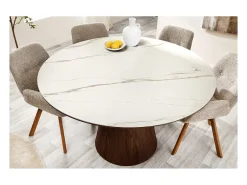 Mesa de comedor LUMEA – Redonda 120 cm – Tablero de cerámica efecto mármol blanco – Pie de madera maciza – Estilo contemporáneo