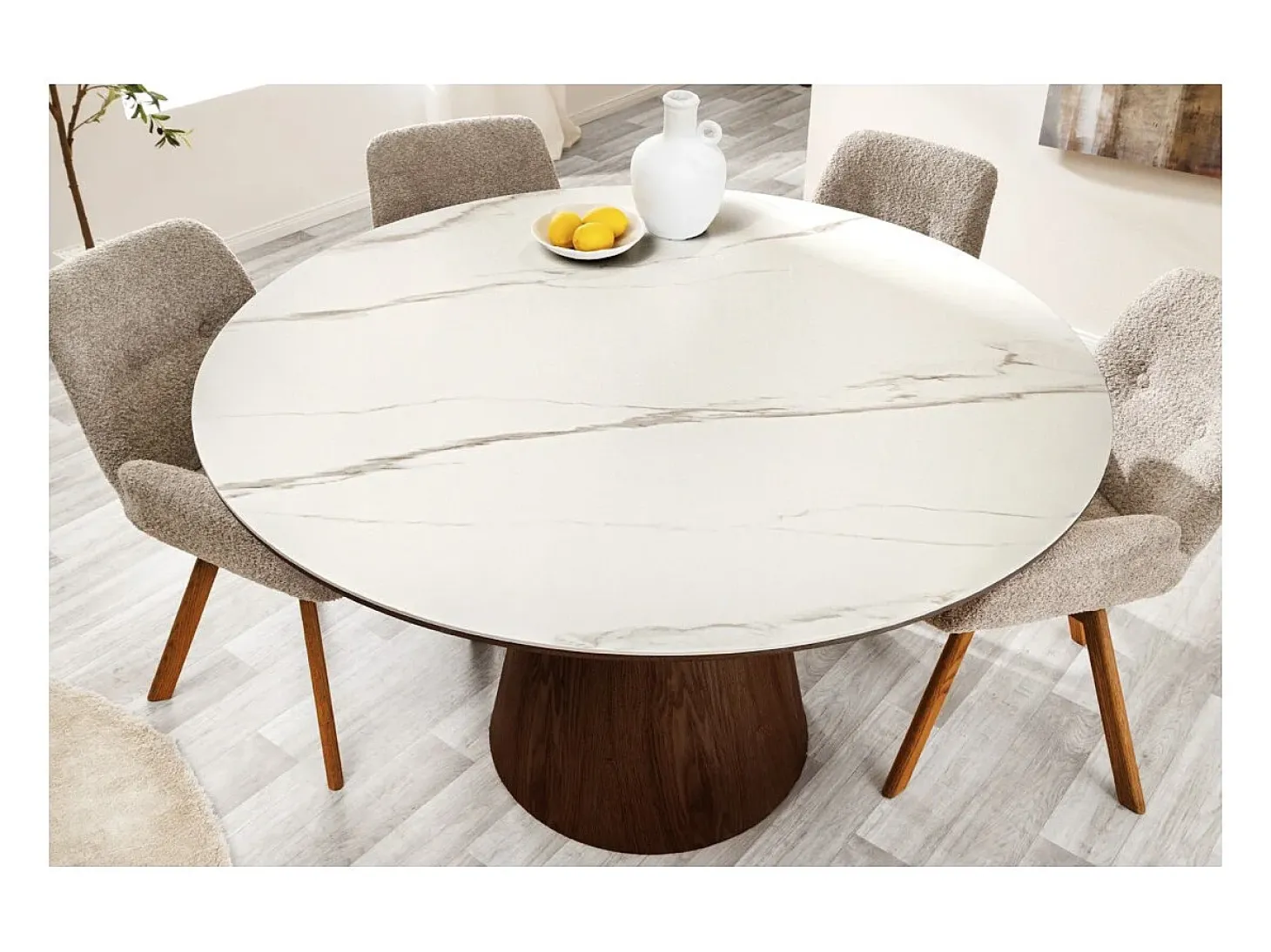 Mesa de comedor LUMEA – Redonda 120 cm – Tablero de cerámica efecto mármol blanco – Pie de madera maciza – Estilo contemporáneo