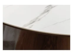 Mesa de comedor LUMEA – Redonda 120 cm – Tablero de cerámica efecto mármol blanco – Pie de madera maciza – Estilo contemporáneo