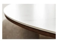 Mesa de comedor LUMEA – Redonda 120 cm – Tablero de cerámica efecto mármol blanco – Pie de madera maciza – Estilo contemporáneo