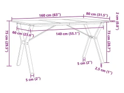 Mesa de comedor marco Y madera maciza pino y hierro 160x80x75cm