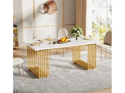 Mesa de comedor moderna para 6 a 8 personas, mesa de comedor blanca de 179,8 cm, mesa de cocina de madera para el Día de San Patricio