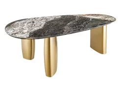 Mesa de comedor NERA – Ovalada 200 cm – Tablero de mármol gris – Patas de metal dorado – Estilo chic