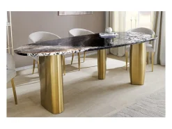 Mesa de comedor NERA – Ovalada 200 cm – Tablero de mármol gris – Patas de metal dorado – Estilo chic