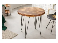 Mesa de comedor ORBO 80 cm – Tablero de madera de Sheesham barnizado y estructura de metal negro – Estilo industrial