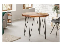 Mesa de comedor ORBO 80 cm – Tablero de madera de Sheesham barnizado y estructura de metal negro – Estilo industrial