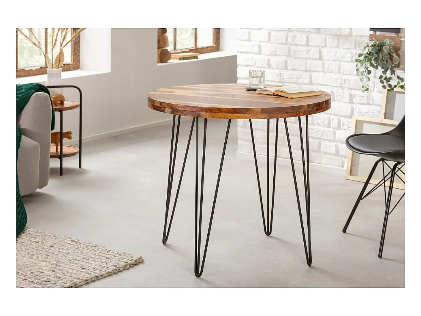 Mesa de comedor ORBO 80 cm – Tablero de madera de Sheesham barnizado y estructura de metal negro – Estilo industrial