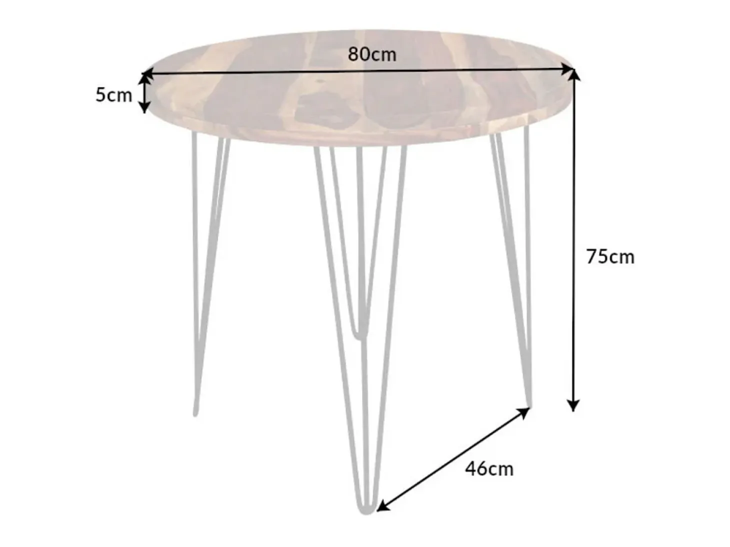 Mesa de comedor ORBO 80 cm – Tablero de madera de Sheesham barnizado y estructura de metal negro – Estilo industrial