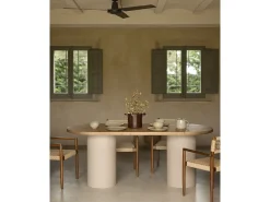 Mesa de comedor ovalada de madera maciza tono roble oscuro y patas de microcemento en tono tierra DECOWOOD de 200x75cm - LUCÍA - DECOWOOD