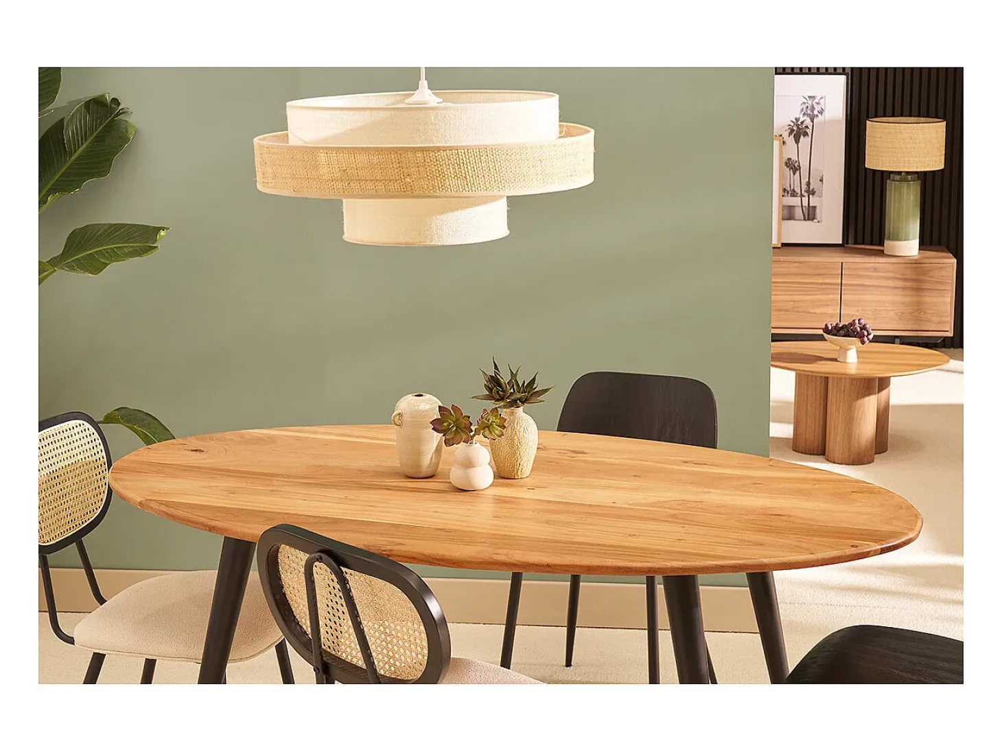 Mesa de comedor ovalada de madera de acacia maciza y metal 160 cm OBALI
