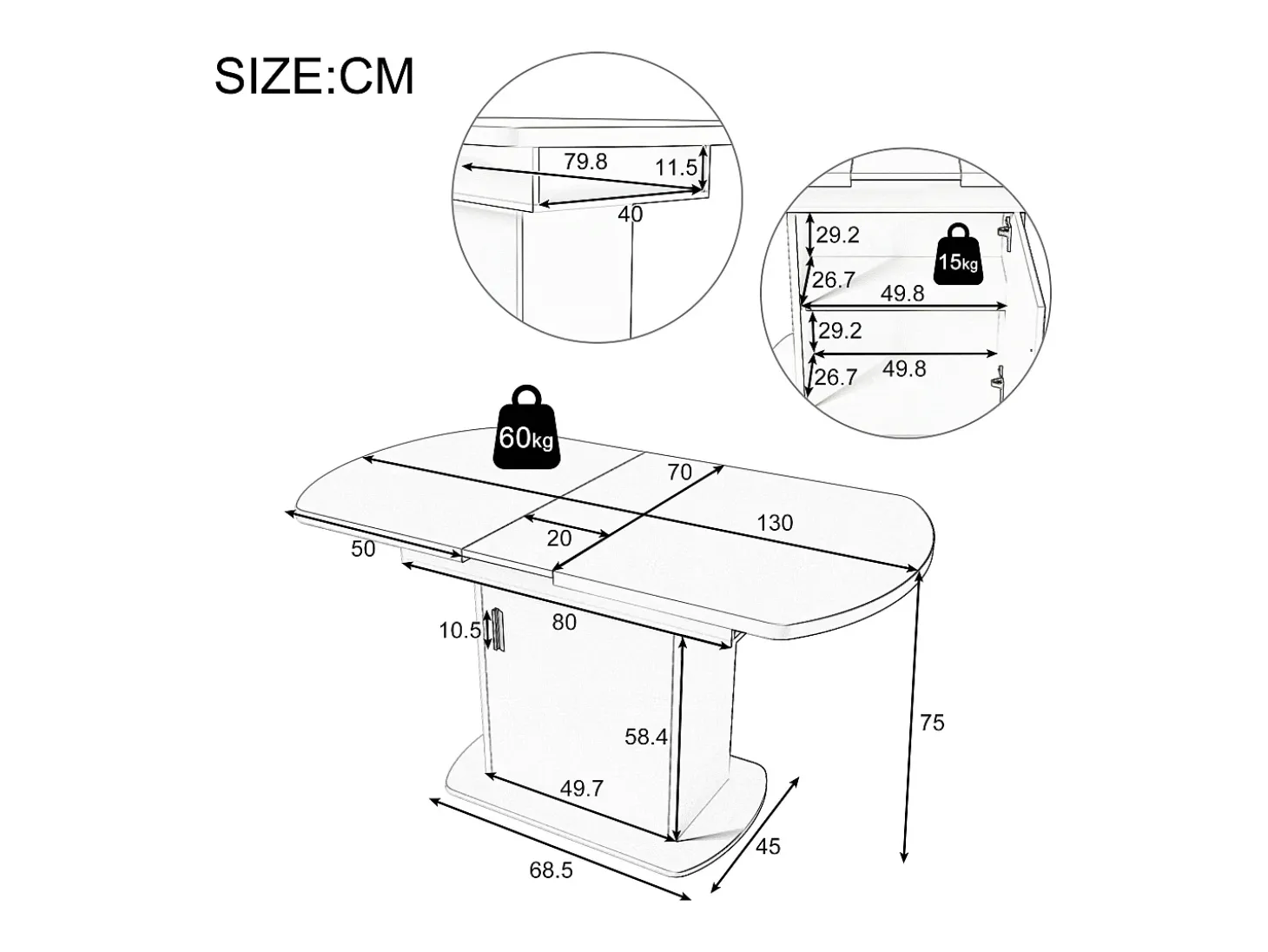 Mesa de comedor ovalada extensible - Mesa blanca con una puerta y tiradores dorados - con almacenaje