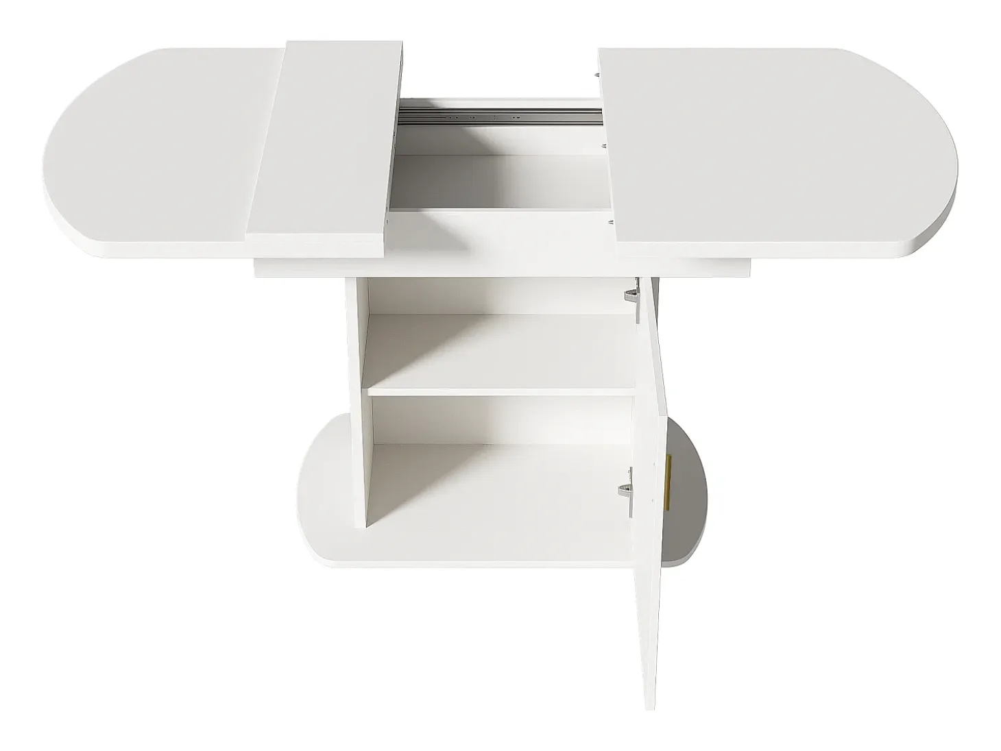 Mesa de comedor ovalada extensible - Mesa blanca con una puerta y tiradores dorados - con almacenaje