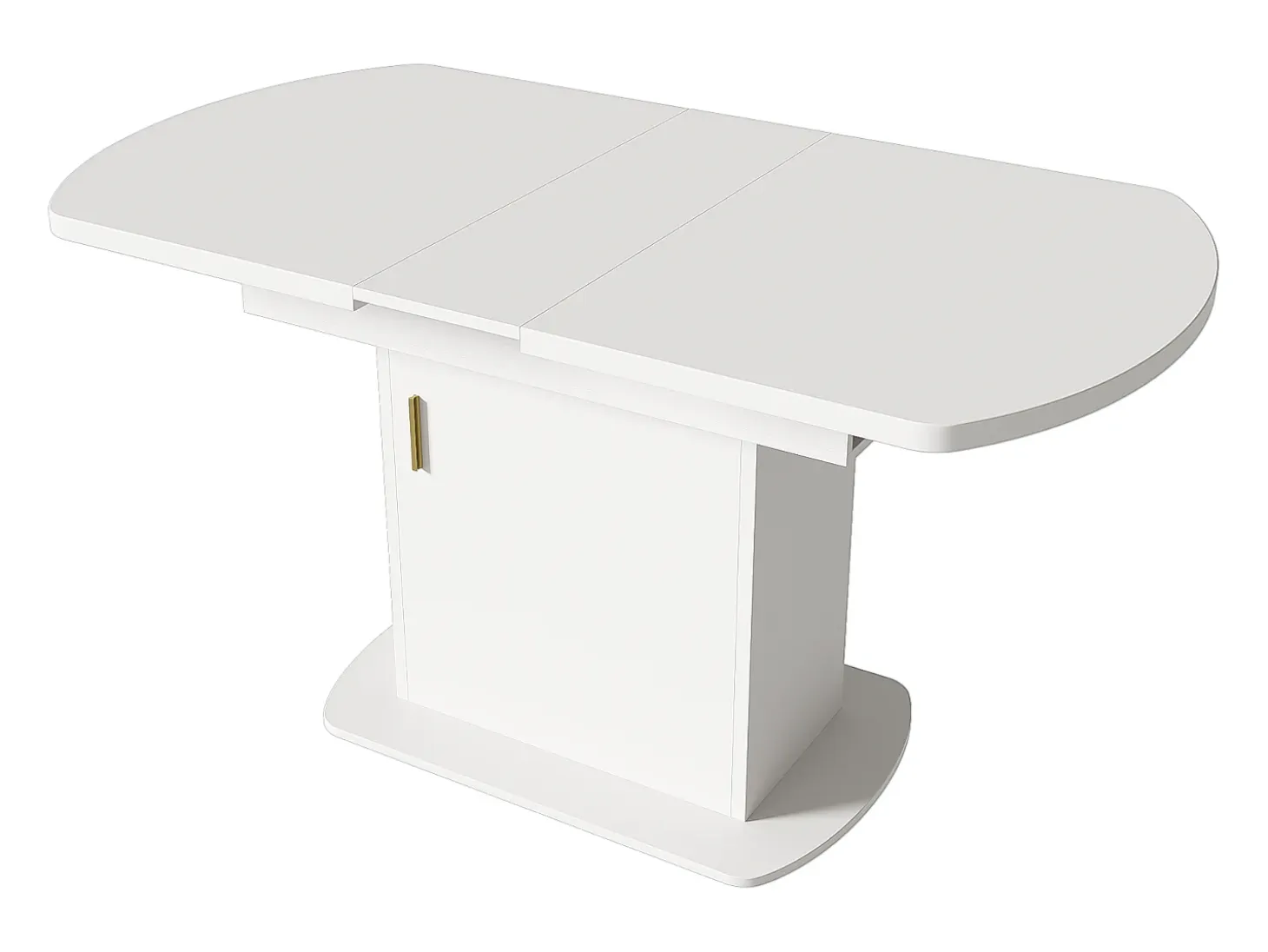 Mesa de comedor ovalada extensible - Mesa blanca con una puerta y tiradores dorados - con almacenaje