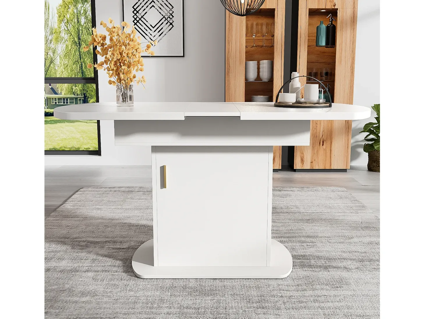 Mesa de comedor ovalada extensible - Mesa blanca con una puerta y tiradores dorados - con almacenaje