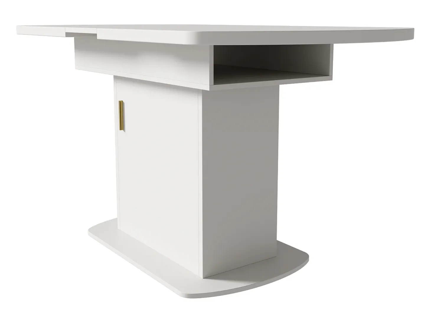 Mesa de comedor ovalada extensible - Mesa blanca con una puerta y tiradores dorados - con almacenaje