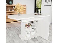 Mesa de comedor ovalada extensible - Mesa blanca con una puerta y tiradores dorados - con almacenaje