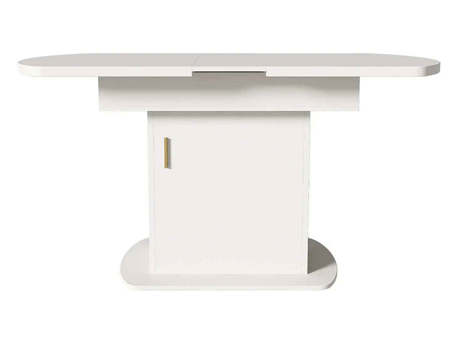 Mesa de comedor ovalada extensible - Mesa blanca con una puerta y tiradores dorados - con almacenaje
