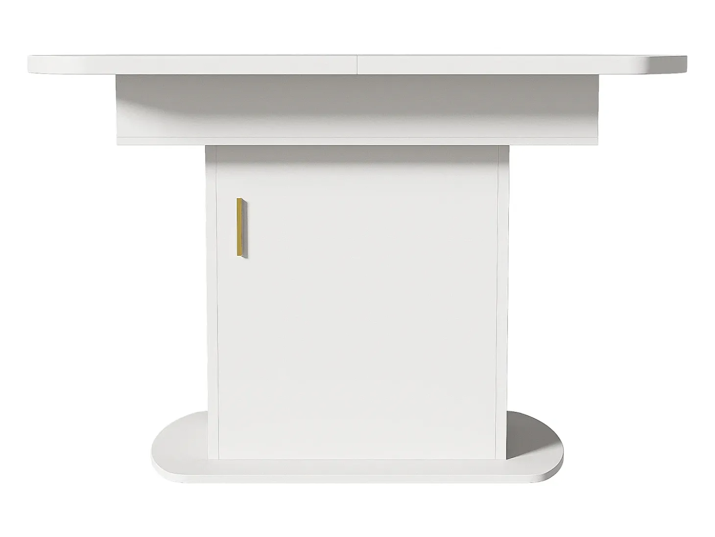Mesa de comedor ovalada extensible - Mesa blanca con una puerta y tiradores dorados - con almacenaje