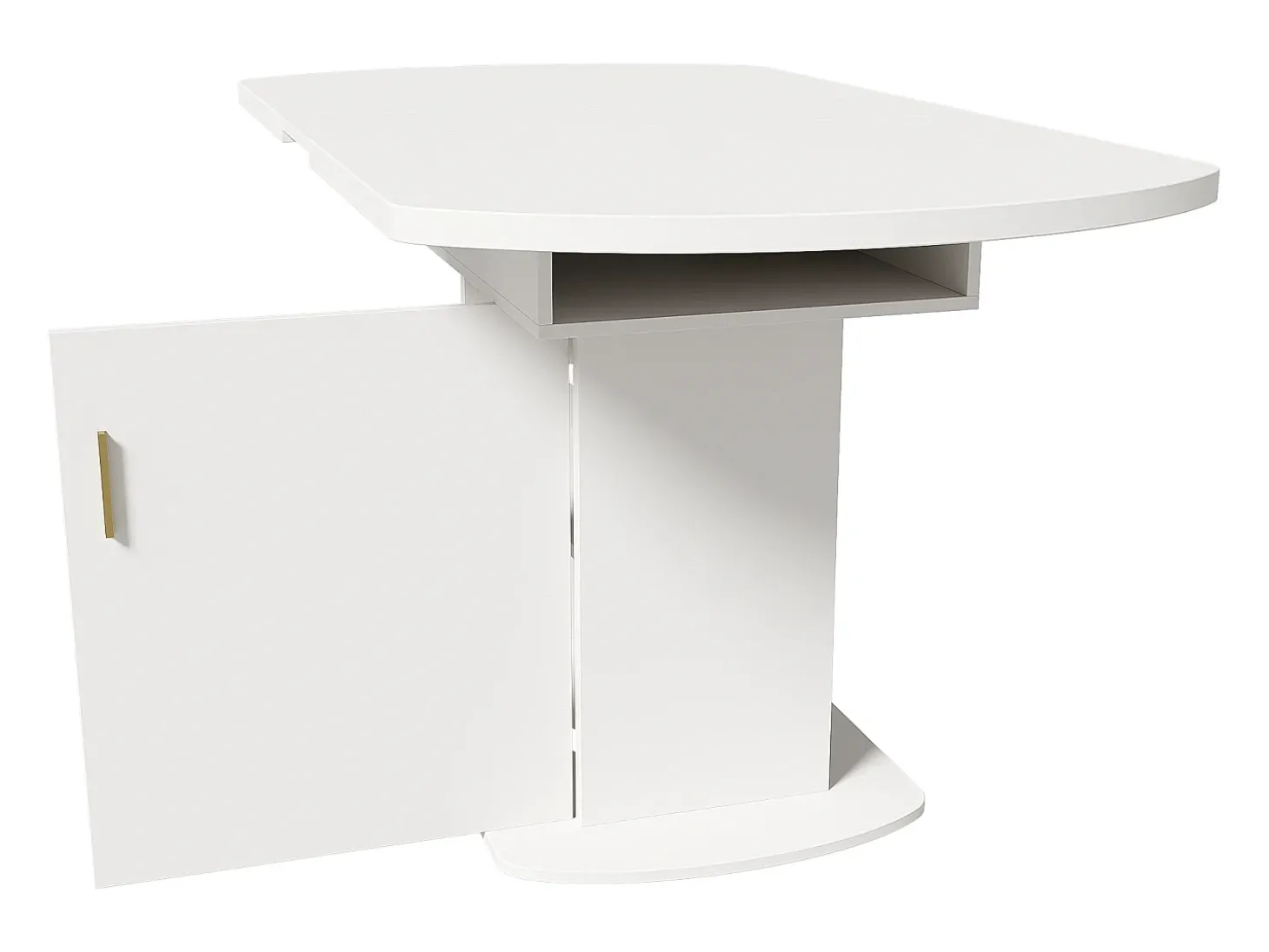 Mesa de comedor ovalada extensible - Mesa blanca con una puerta y tiradores dorados - con almacenaje