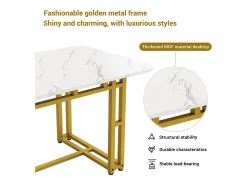 Mesa de comedor para 4 a 6 cubiertos con diseño de mármol - MDF + patas de metal dorado - blanca