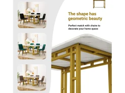Mesa de comedor para 4 a 6 cubiertos con diseño de mármol - MDF + patas de metal dorado - blanca