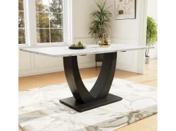 Mesa de comedor para 4 a 6 personas - 140 x 75 x 75,5 cm - MDF + Patas de metal - Efecto mármol - Blanco + negro