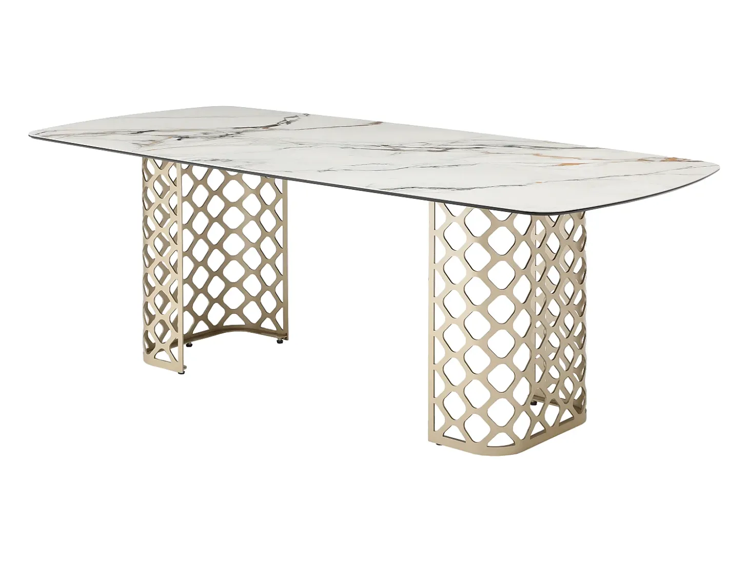 Mesa de comedor para 8 comensales de vidrio templado y cerámica - Efecto mármol blanco y dorado - GOLDENA
