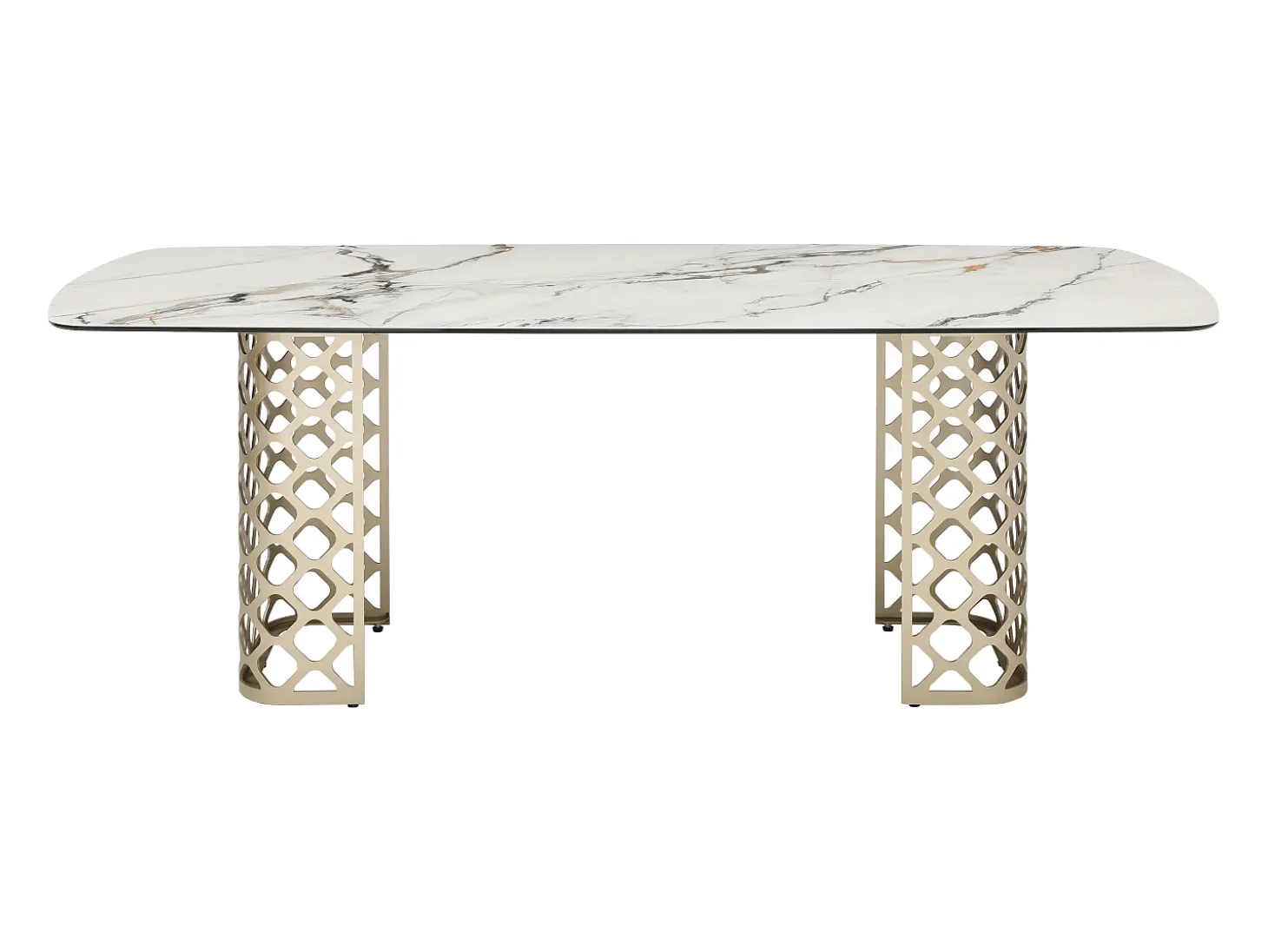 Mesa de comedor para 8 comensales de vidrio templado y cerámica - Efecto mármol blanco y dorado - GOLDENA