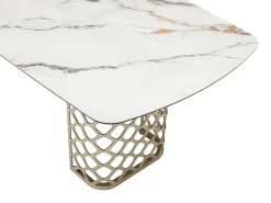 Mesa de comedor para 8 comensales de vidrio templado y cerámica - Efecto mármol blanco y dorado - GOLDENA