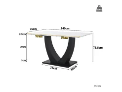 Mesa de comedor para 6 personas 140x75cm en MDF con patas regulables, chapa de mármol blanco con pata negra