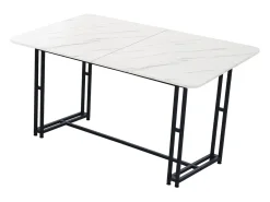 Mesa de comedor para 4 personas 140x80cm en MDF, tablero chapado en mármol blanco, patas de metal negro