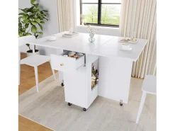 Mesa de comedor plegable 120x75x75 cm - con espacio de almacenamiento - 2 cajones - ruedas bloqueables - blanco