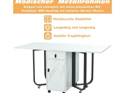 Mesa de comedor plegable con aparador, 2 cajones, hojas abatibles, ahorra espacio (blanco/negro)