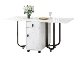 Mesa de comedor plegable con aparador, 2 cajones, hojas abatibles, ahorra espacio (blanco/negro)