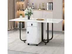 Mesa de comedor plegable con aparador, 2 cajones, hojas abatibles, ahorra espacio (blanco/negro)