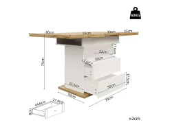 Mesa de comedor plegable para 4-6 personas - 110-140 x 80 x 75 cm - extensible - con 1 puerta + 2 cajones - MDF - blanco