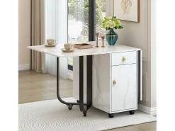 Mesa de comedor plegable para 4 a 8 cubiertos con ruedas - 2 puertas + 2 cajones - MDF y metal - Negro + blanco