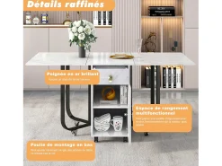 Mesa de comedor plegable para 4 a 8 cubiertos con ruedas - 2 puertas + 2 cajones - MDF y metal - Negro + blanco
