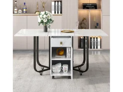 Mesa de comedor plegable para 4 a 8 cubiertos con ruedas - 2 puertas + 2 cajones - MDF y metal - Negro + blanco
