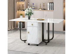Mesa de comedor plegable para 4 a 8 cubiertos con ruedas - 2 puertas + 2 cajones - MDF y metal - Negro + blanco