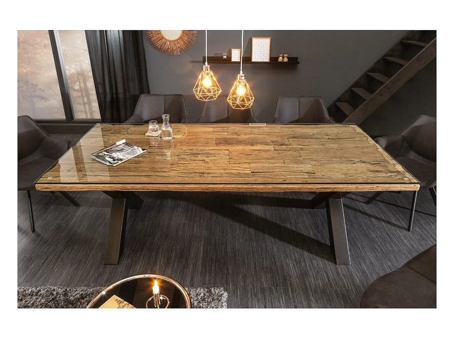 Mesa de comedor RAFTA 220 cm – Tablero de madera maciza de teca y vidrio templado – Patas en X de metal negro