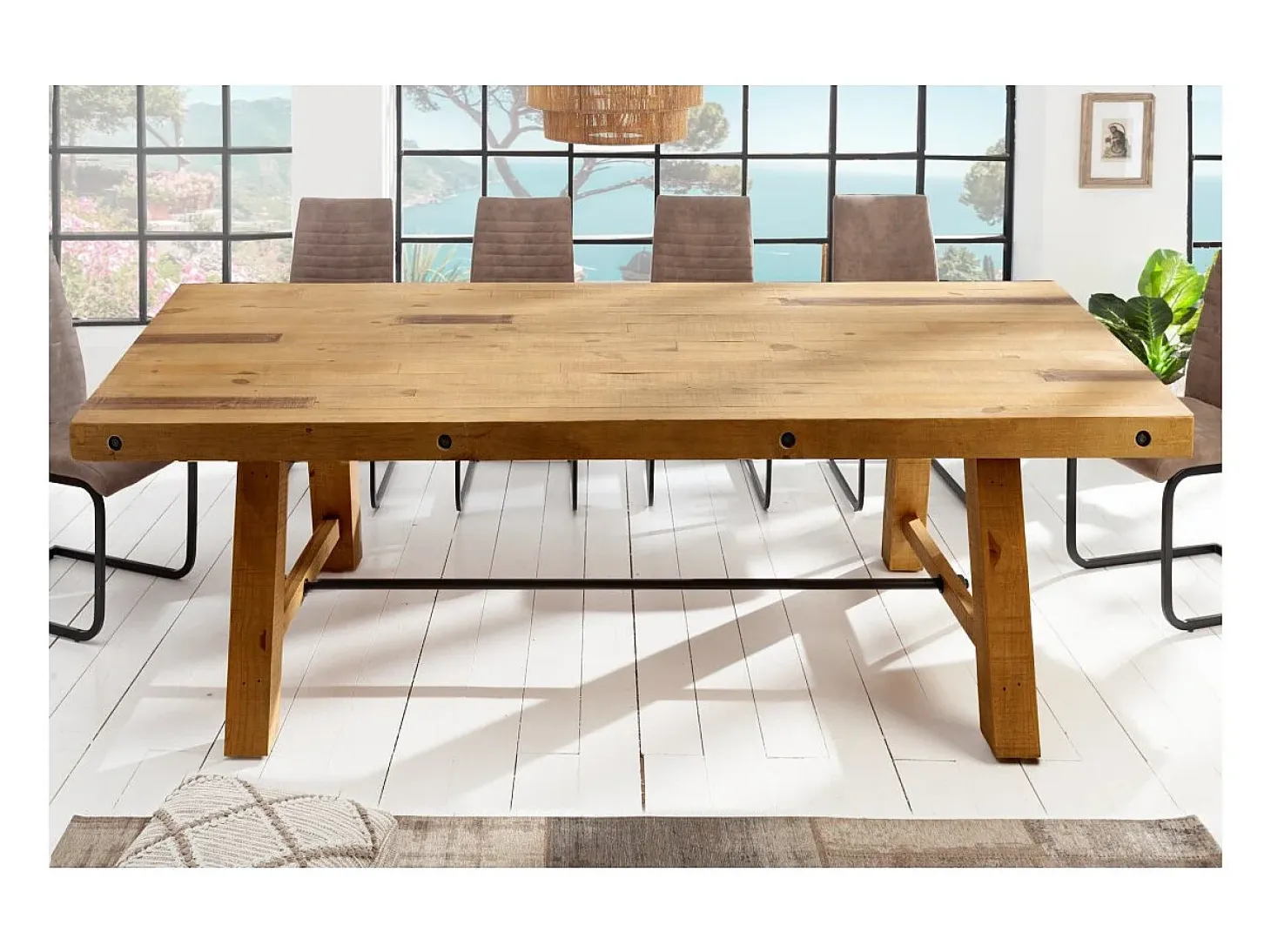 Mesa de comedor RANCHO – Madera de pino reciclado barnizado – 240 cm – Estilo rústico