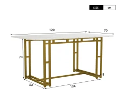 Mesa de comedor rectangular de 120 x 70 cm - patas doradas y estructura metálica - tablero de MDF blanco