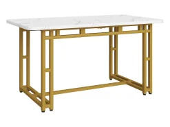 Mesa de comedor rectangular de 120 x 70 cm - patas doradas y estructura metálica - tablero de MDF blanco