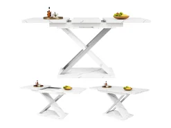 Mesa de comedor rectangular extensible para 4-6 personas, tapa chapada en mármol blanco con patas en forma de X - 118/157x75x76,4cm
