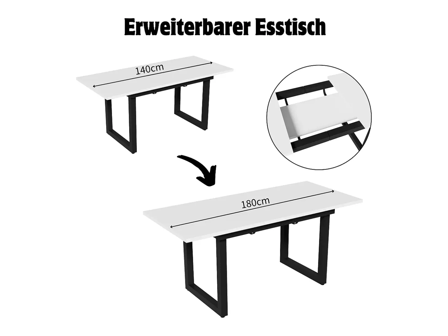 Mesa de comedor rectangular - con tablero retráctil blanco - patas de metal negro - para comedor y sala de estar