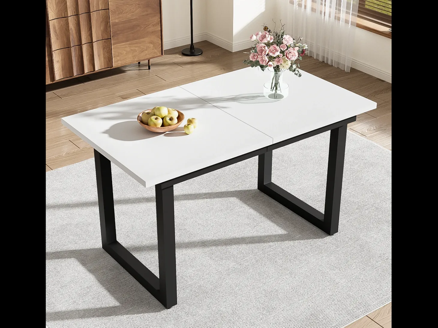 Mesa de comedor rectangular - con tablero retráctil blanco - patas de metal negro - para comedor y sala de estar